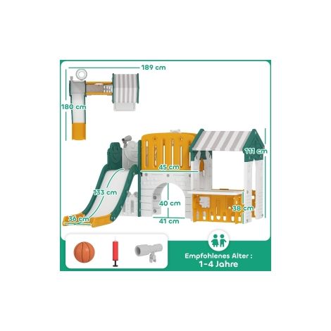 Aire de jeux 7-en-1 jaune et verte en plastique avec toboggan, escalade, maison (1/5)