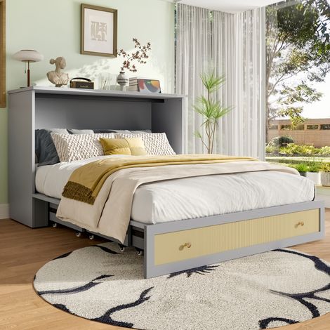 REDOM Lit double 140x200 cm armoire convertible grand rangement MDF gris (Sans matelas) (1/5)