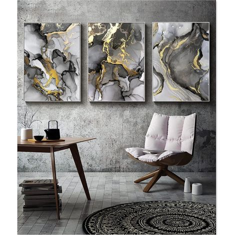 Wandbilder Wohnzimmer Grau Golden Fluid Art 3PCS-40x60cm Marmoriert 2 (1/5)