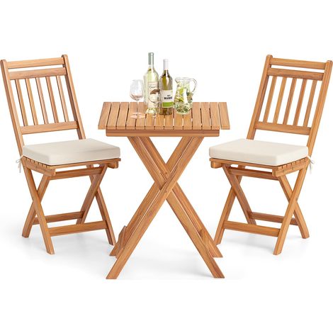 Set da bistrot da esterno in legno di acacia, 2 sedie pieghevoli e tavolo, Cuscini morbidi senza braccioli con schienale alto, Stile 2 (1/5)