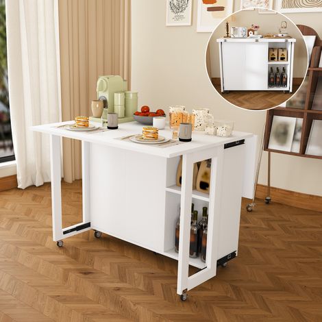 Table à manger pliante multifonction blanche, 3 positions, avec roulettes 360° verrouillables et grand rangement, meuble d’appoint pour cuisine, séjour et petits espaces – CHICFURN (1/5)