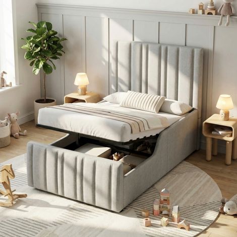 Upholstered bed, single bed, children's bed, 3ft-90 x 190cm, hydraulic bed, bed with headboard and large storage space, upholstered headboard, grey, linen
