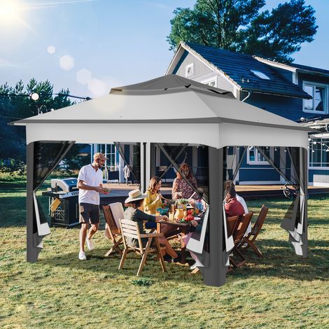 TolleTour Cenador plegable de jardín 3,3 × 3,3 × 2,68 m – Cenador exterior con mosquitera, doble techo ventilado, protección UV, para patio, jardín y patio trasero, gris (1/5)