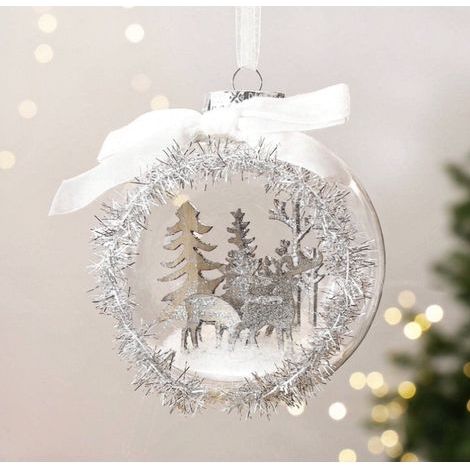 Boule de Noël transparente scène forêt rennes argentés 10 cm, ornement suspendu avec nœud blanc (1/3)
