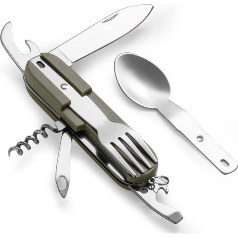 Ensemble d'ustensiles de camping 7 en 1, comprenant une cuillère, une fourchette et un couteau en acier inoxydable, pliable et multifonctionnel, avec étui de rangement.