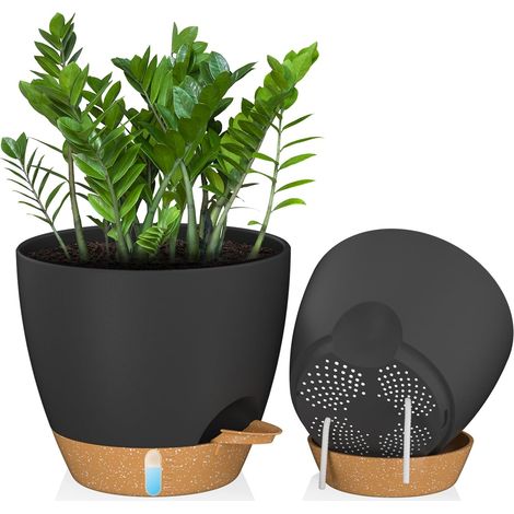 30 cm Pots de Plantes avec Trous de Drainage Soucoupe Jardinières Auto-Irrigantes avec Entrée d'eau Pot de Fleurs en Plastique pour Plantes d'Intérieur et d'Extérieur (Lot de 2, Noir) (1/5)