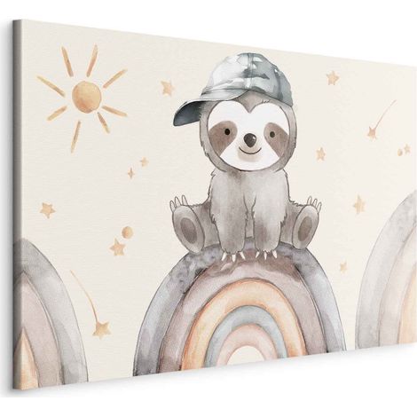 Imagen - Perezoso feliz - Un perezoso de colores apagados con una gorra de béisbol sentado sobre un arcoíris entre estrellas / Animal entre estrellas y arcoíris (1/3)