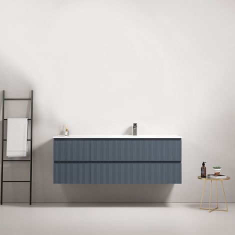 Mobile bagno sospeso cannettato 140 cm Blu Mare Lavabo a Destra in Resina Senza Specchio - Fiji Paint (1/4)