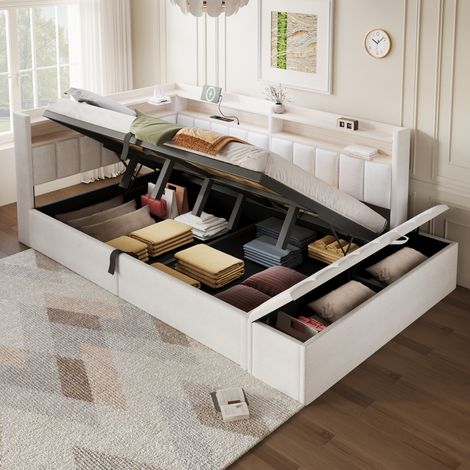 Sofá cama de 140 x 200 cm con almacenamiento hidráulico y banco de almacenaje, tira LED con app, cabecero montable izquierda/derecha, USB, sin colchón, lino, blanco crema (1/5)