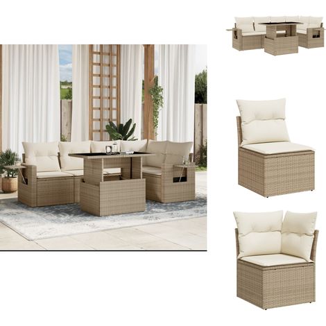 Salon de jardin avec coussins 6 pcs beige résine tressée - Ensemble Salon De Jardin - Meuble Extérieur - Résine Tressée - Rotin Synthétique - Table Extensible (1/5)
