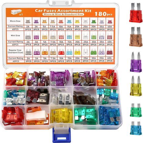 Pack of 180 mixed car fuses with storage case and fuse puller for car, camper van, truck, motorcycle (1/5)