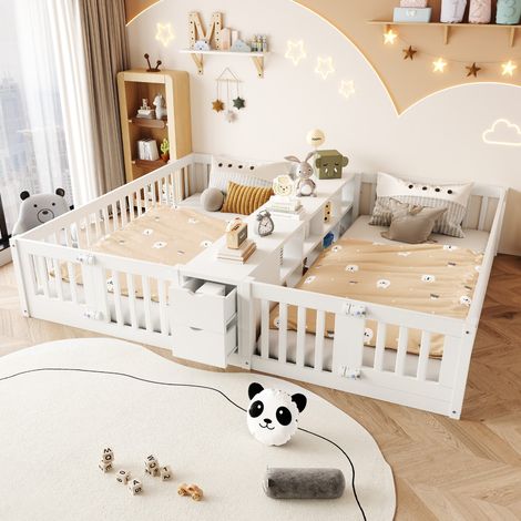 Lit enfant bois 90x200 blanc avec tiroir étagère double barrière sécurité cadre lit barreaux hauts chambre petite fille garçon, lit double (sans Matelas) (1/5)