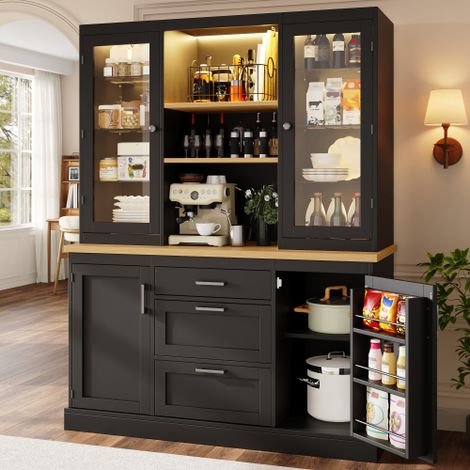 Grand buffet haut noir 185 cm avec 3 tiroirs et LED, meuble de rangement avec plan de travail, étagères réglables et ports verre (1/5)