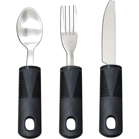Ergonomische Bestecke gegen Arthritis und Parkinson: Löffel, Gabel und gezahntes Messer aus dickem Edelstahl – breite, rutschfeste Griffe für Senioren oder Menschen mit Muskelschwäche