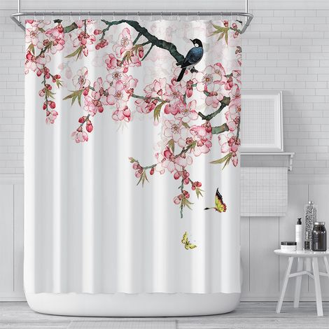 Ensemble de rideau de douche (Oiseau + Fleur, 180 cm × 180 cm), rideau de salle de bain en tissu papillon anti-moisissure pour femmes et hommes avec 12 crochets, lavable et à séchage rapide. (1/5)