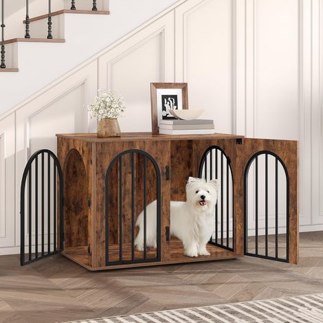 Cage pour chien 80cm – Enclos décoratif en bois d'ingénierie et métal – 3 portes avec verrous de sécurité – Anti-mastication et anti-évasion