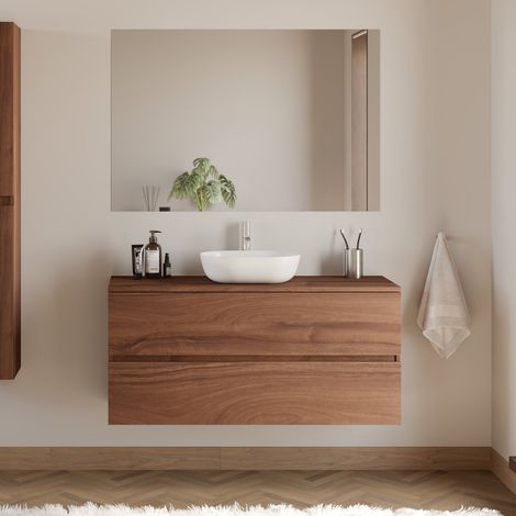 Meuble de salle de bain 120cm avec plateau et vasque à poser arrondie - 2 tiroirs - noyer (bois foncé) - IDA (1/5)