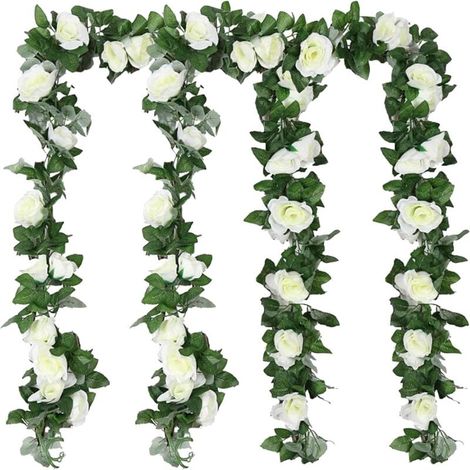 Künstliche Blumengirlande, Rosenranke, Hochzeitsdekoration, 4 Stück, Seidenblumen-Dekoration, künstliche Pflanze, hängende Blumen für Party, Garten, Zuhause, Bogen, Zeremonie, Wand im Freien (weiß)