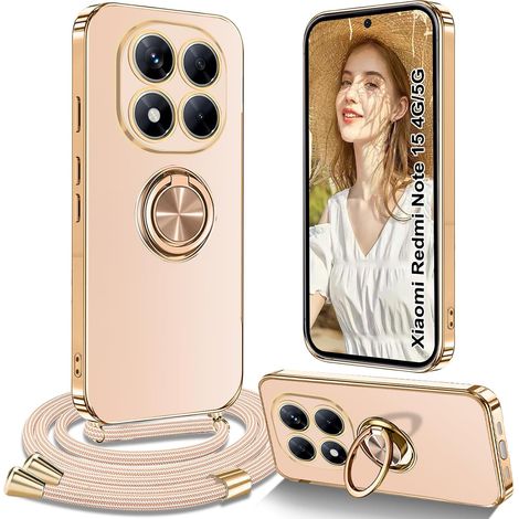Coque pour Redmi Note 15 4G/5G avec Cordon, Coque pour Redmi Note 15 4G/5G avec Collier Silicone Housse 360° Voiture de Bague Magnétique Antichoc Étui avec Cordon Réglable Case, Rose (1/5)