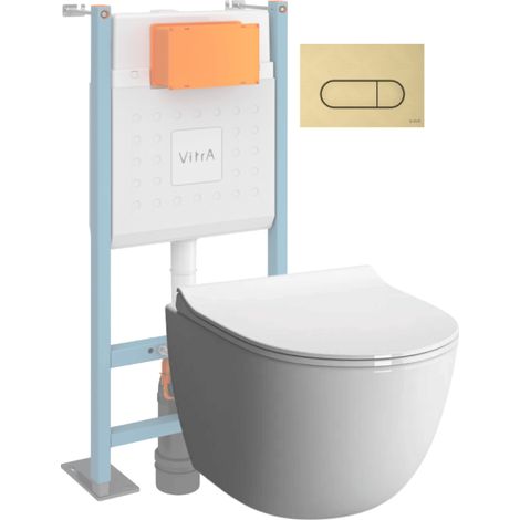 Pack WC suspendu VitrA Sento blanc brillant + bâti autoportant V-Fix Core + Plaque Round or brossé