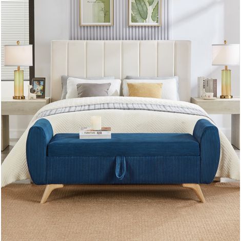 Cord-Sitzbank mit Stauraum und Holzbeinen Blau 145 x 51 x 45 cm OKWISH (1/5)