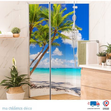 Panneau de douche : Palmier et plage 2 - Alu composite - 90 - 245 (1/4)