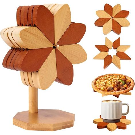Dessous de Plat Bambou, Dessous de Plat Bois Forme Moulin à Vent, Dessous de Plats et Support, Sous Plat de Table Résistant à la Chaleur Poêles, Bols, Théières (1/5)