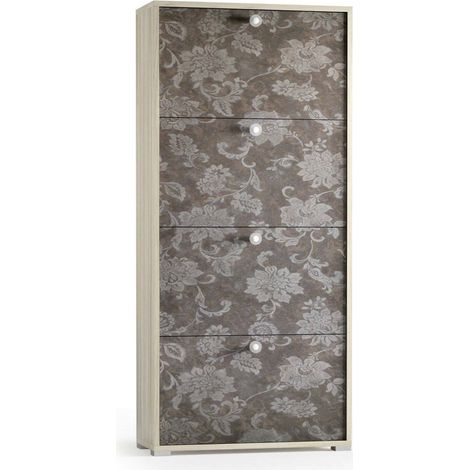 Dmora - Scarpiera Adeindein, Mobile multiuso da ingresso con 4 ante a ribalta, Armadietto portascarpe a doppia profondità, 100% Made in Italy, 67x28h147 cm, Olmo e fantasia