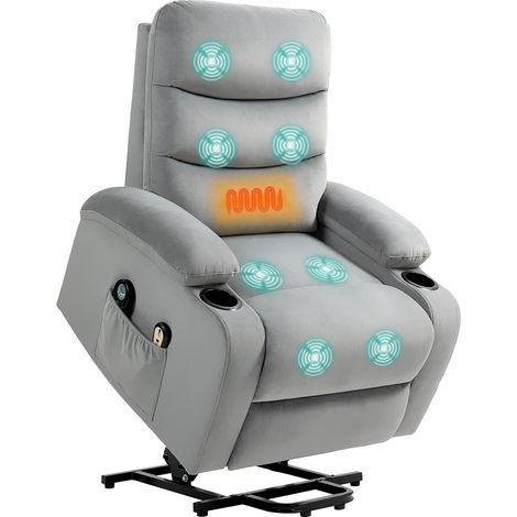 Fauteuil releveur inclinable massant chauffant gris, tissu velours avec porte-gobelets, poche latérale pour relaxation confortable à domicile. (1/5)