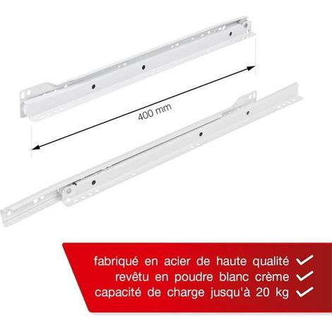 Guías para cajones de 400 mm - Paquete de 2 (1 par) Rieles deslizantes para cajones, color blanco, sistema de extensión parcial - Kit de fácil montaje para cajones deslizantes (1/2)