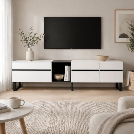 Mobile TV 180 cm bianco con anta ribalta, nicchie aperte e doppie porte DESVIAE (1/5)