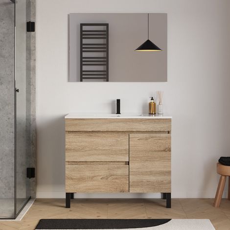Meuble de salle de bain 90cm simple vasque sur pieds avec porte et tiroirs - cambrian (chêne clair) - LAZARO (1/5)