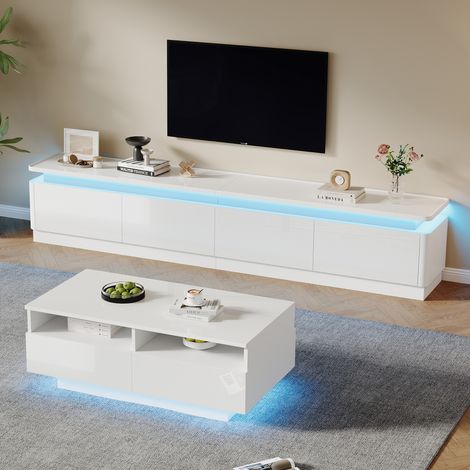 Ensemble de salon 2 pièces - Meuble TV + table basse - Avec éclairage LED - Avec 8 tiroirs - Finition brillante - Blanc (1/5)