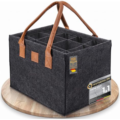Porte-bouteilles pour 6 bouteilles extra stable en feutre – Panier à bouteilles, sac à bouteilles, panier à boissons pour bière, vin et bouteilles consignées – Rangement de bouteilles, gris (1/5)