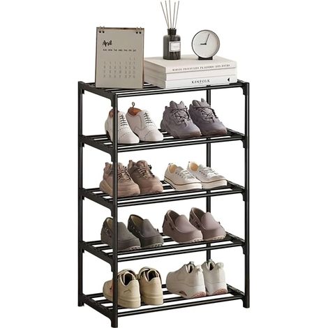 Étagère à chaussures à 5 niveaux, mince, revêtement antirouille, adaptée pour dortoir, maison de location, balcon, étagère à chaussures étroite empilable (noir, 5 niveaux) (1/5)