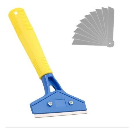 Window Scraper with 10 Blades, 23cm Handle, Paint Scraper, 100mm Carbon Steel Blades, Stainless Steel Plate Scraper for Tile, Wallpaper, Glue (1/5)