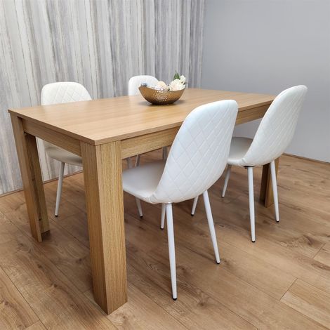 Wooden Dining Table with 4 white Gem Patterned Chairs Oak Effect Table with white Chairs (1/5)