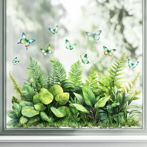 Sticker double face pour fenêtre avec bouquet de fleurs - Sticker pour fenêtre - Avec feuilles vertes et papillons - Sticker décoratif - Réutilisable - Sticker printanier pour vitre - Décoration flora (1/5)