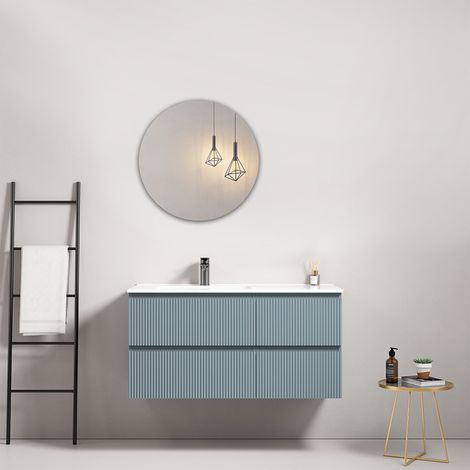 Mobile bagno sospeso cannettato 100 cm Blu Avio Lavabo a Sinistra in Ceramica Specchio Tondo - Fiji Paint (1/4)