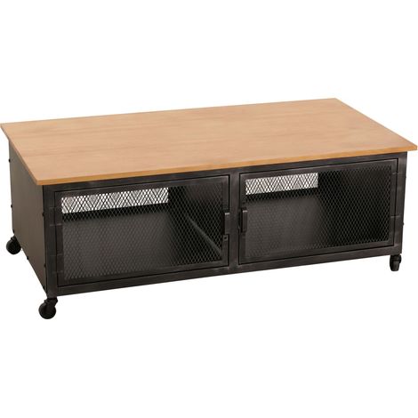 Table basse HWC-N28, table de salon, roulettes 2 compartiments, structure 3D industrielle rétro métal bois 45x120x60cm - (1/5)
