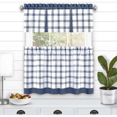 Rideau Voilage - Rideau Haut et Panneaux Inférieurs - Motif Carreaux - Filtre Lumière - Pour Fenêtre Cuisine Salle de Bain - Lot de 3 Pièces (1/5)
