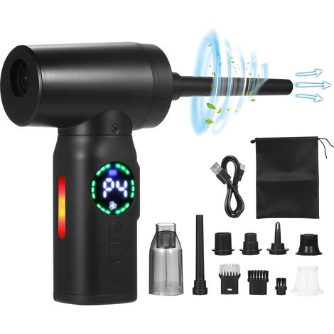 Colector de polvo de aire comprimido inalámbrico de 120 W, motor sin escobillas de 110 000 RPM, batería de 7500 mAh, pantalla digital, reemplaza las latas desechables, limpia PC y automóviles.