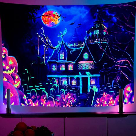 CSPARKV Black Light Castle Tapestry 150x130CM Pumpkin Bat Psychedelic Wall Hangings Halloween UV Reactive Neon Wall Tapestry for Bedroom Living Room Dorm (1/5)
