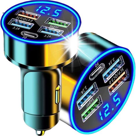 Caricabatterie da auto 4x USB QC 3.0 + USB C PD 20W LED veloce potente 250W per telefono Alogy in auto nero (1/5)