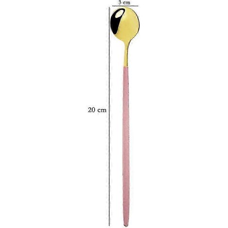 Ensemble de 4 cuillères à glace, dessert et thé en acier inoxydable à long manche (20 cm), colorées, rose et or. (1/5)