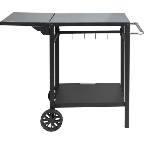 Chariot de cuisine extérieur avec double étagère, table de préparation BBQ pliable, table en fer mobile pour four à pizza, 2 roues et poignée de transport. (1/5)