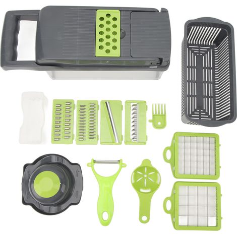 Râpe de cuisine inox 16 pièces, ensemble coupe-légumes fruits fromage, 3 lames râpeuses pour émincer et trancher (1/5)