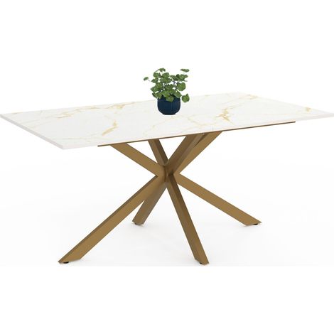 ALIX Tavolo da pranzo rettangolare per 8 persone con gamba a ragno in ottone e piano effetto marmo bianco ALASKA 160 cm