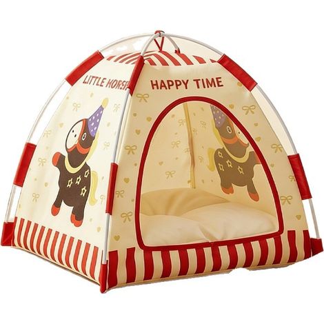 Tente Chat Chien Intérieur Oxford Taille M 38x38x37 cm – Niche Semi-Fermée Imprimée, Maison Tipi Lavable 4 Saisons, Maille Respirante Été, Cirque Rouge « Happy Time », Chat et Petit Chien