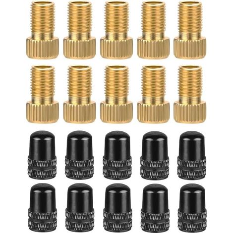Lot de 10 adaptateurs de valve Presta en laiton pour vélo + 10 bouchons de valve Schrader, conversion Presta vers Schrader AV, accessoire de réparation de valves de vélo (1/5)